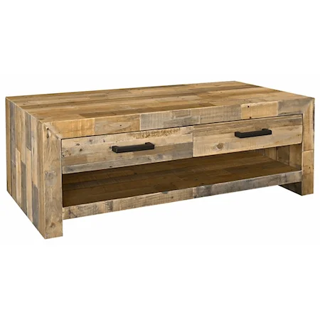 Transitional Reclaimed Pine Wood Coffee Table with Drawer and Iron Handles